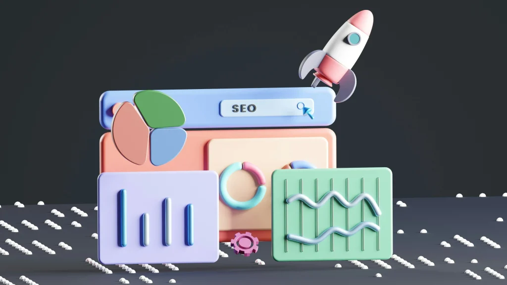 SEO and digital marketing illustration showing search optimization, analytics, and business growth